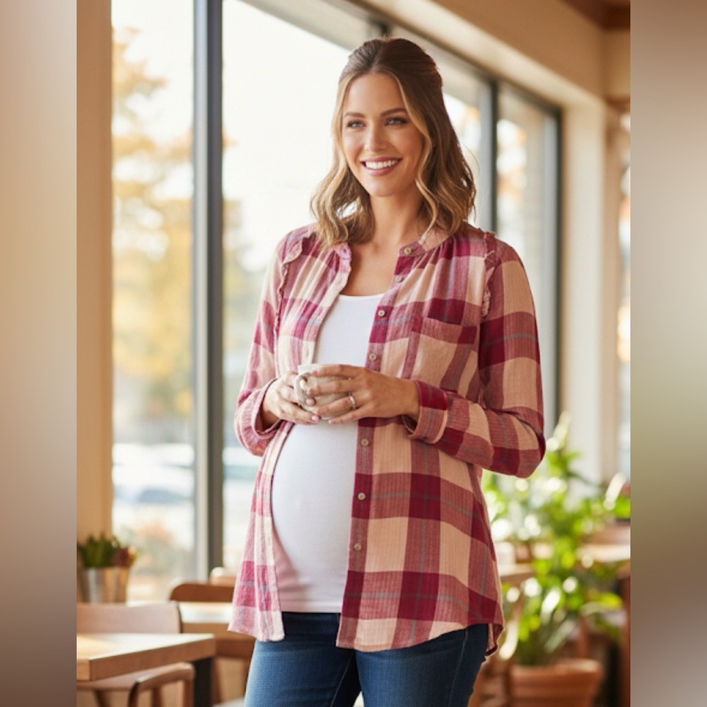 Time and‎ Tru Maternity Plaid Button Down Shirt - Pink & Mauve - Size Small